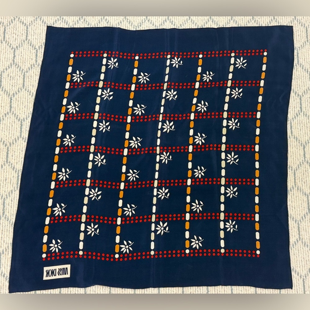 CHRISTIAN DIOR Vintage Y2K 70’s 100% Silk Navy/Multicolor Geometric Floral Scarf - Picture 9 of 11
